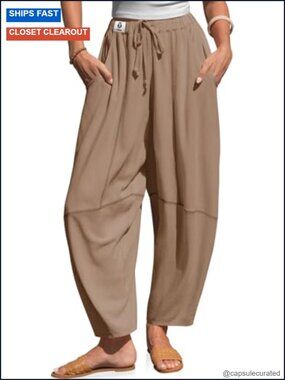 Linen Harem Pants Baggy Drawstring Waist Casual Wide Leg Barrel Pants with